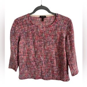 Escada Wool Pink Plaid Tweed Print Sweater with 3/4 Sleeves, size XL